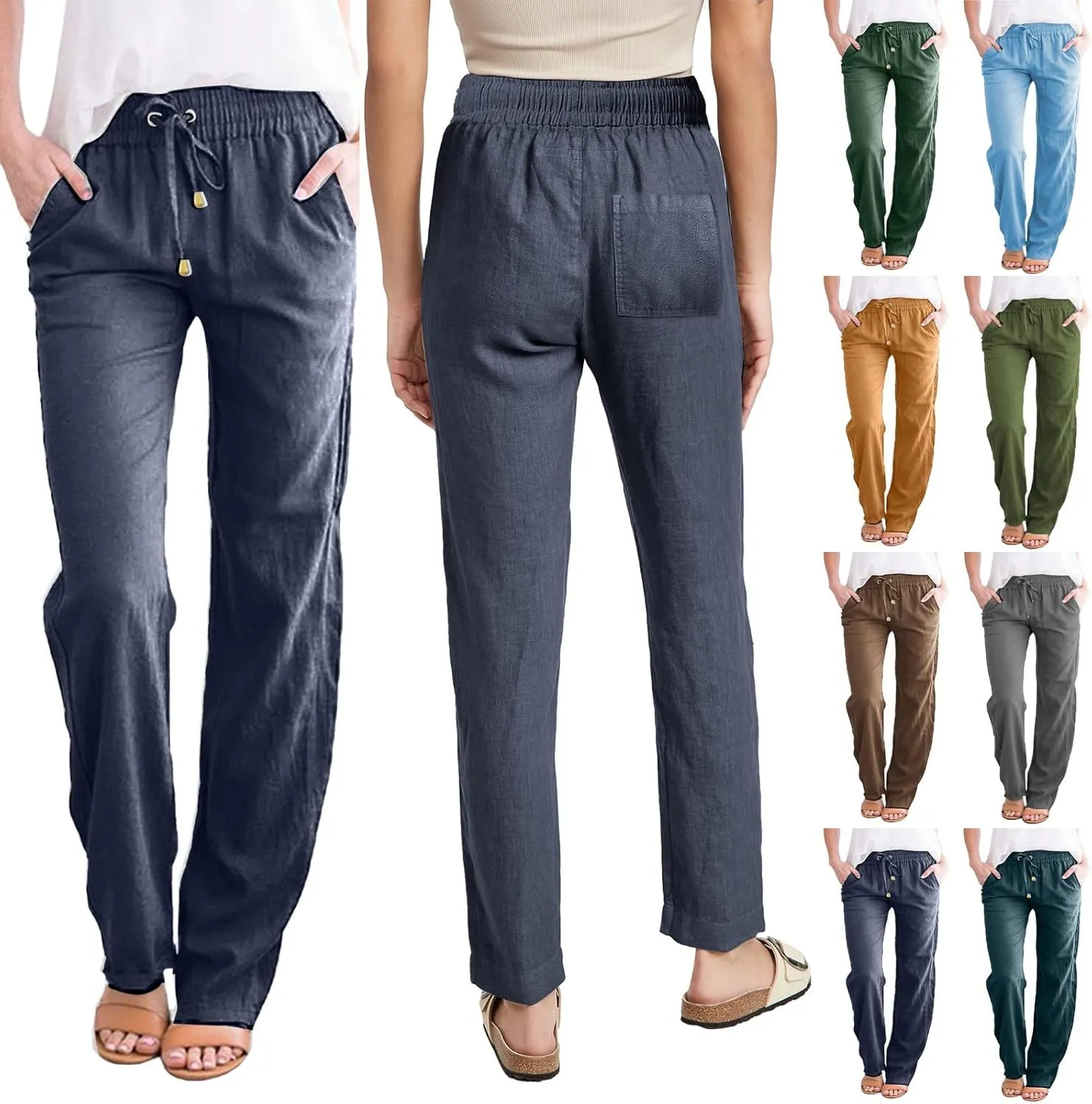 Plus Size Women's Wide Leg Pants Linen Blend with Back Pockets, Drawstring Waist Lounge Trousers