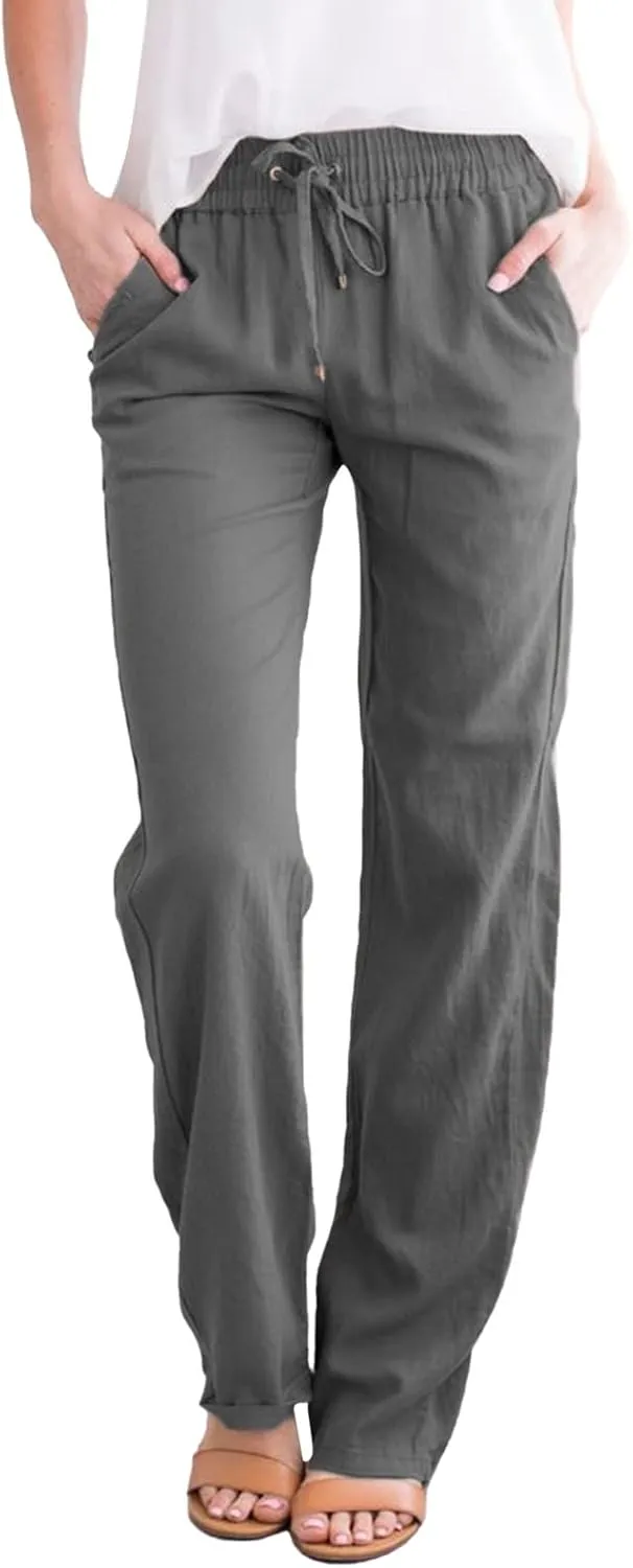 Plus Size Women's Wide Leg Pants Linen Blend with Back Pockets, Drawstring Waist Lounge Trousers