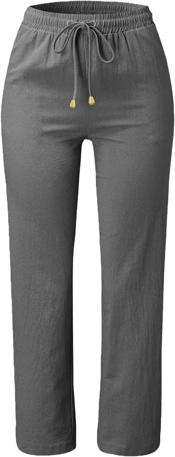 Plus Size Women's Wide Leg Pants Linen Blend with Back Pockets, Drawstring Waist Lounge Trousers
