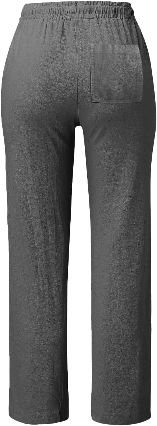 Plus Size Women's Wide Leg Pants Linen Blend with Back Pockets, Drawstring Waist Lounge Trousers