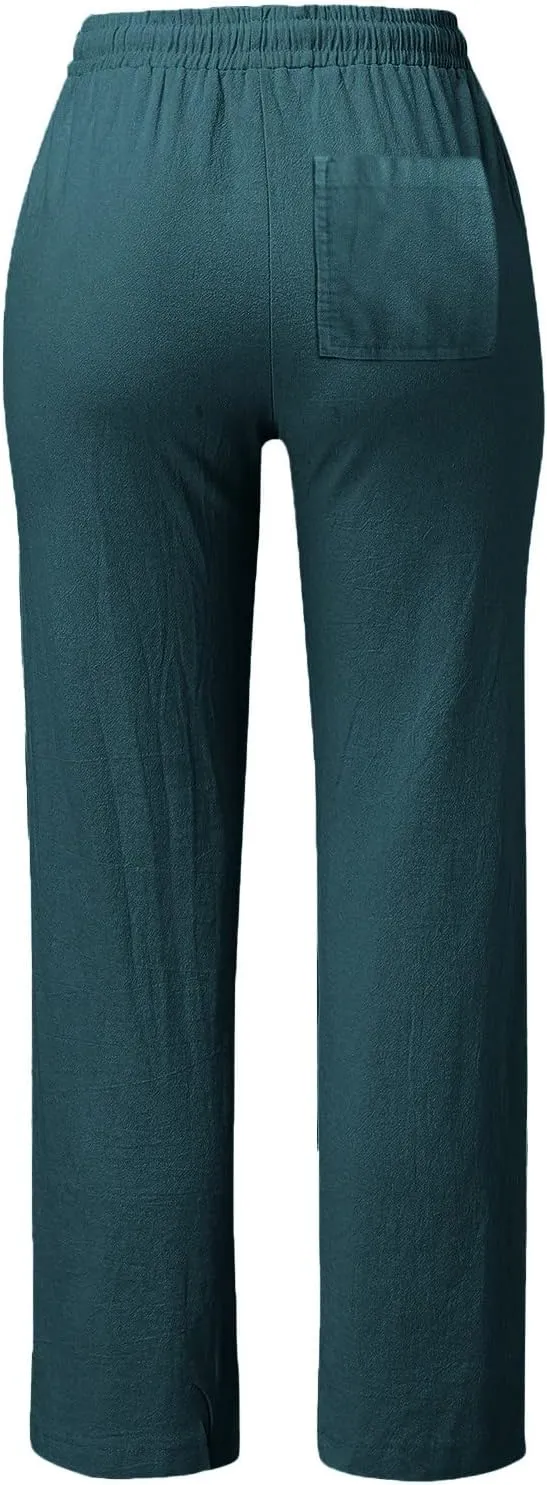 Plus Size Women's Wide Leg Pants Linen Blend with Back Pockets, Drawstring Waist Lounge Trousers