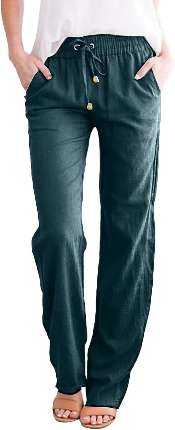 Plus Size Women's Wide Leg Pants Linen Blend with Back Pockets, Drawstring Waist Lounge Trousers
