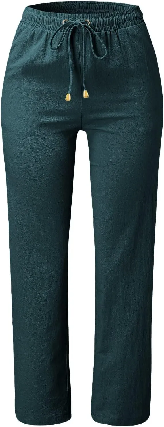 Plus Size Women's Wide Leg Pants Linen Blend with Back Pockets, Drawstring Waist Lounge Trousers
