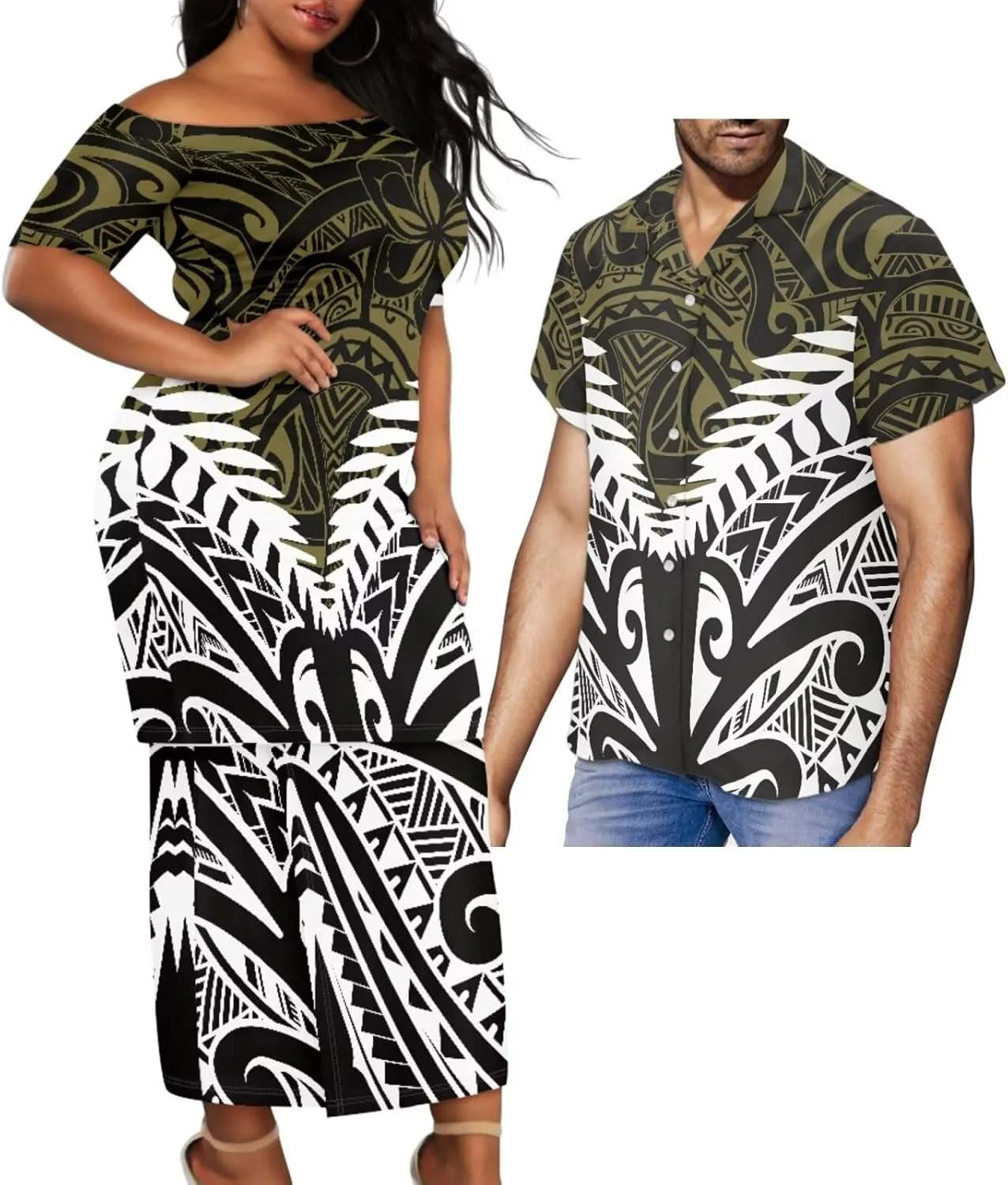 Polynesian Couple Set Tirbal Tattoo Tapa Hawaii Shirt Puletasi Samoa Dresses for Women Matching Outfits Couples