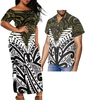 Polynesian Couple Set Tirbal Tattoo Tapa Hawaii Shirt Puletasi Samoa Dresses for Women Matching Outfits Couples