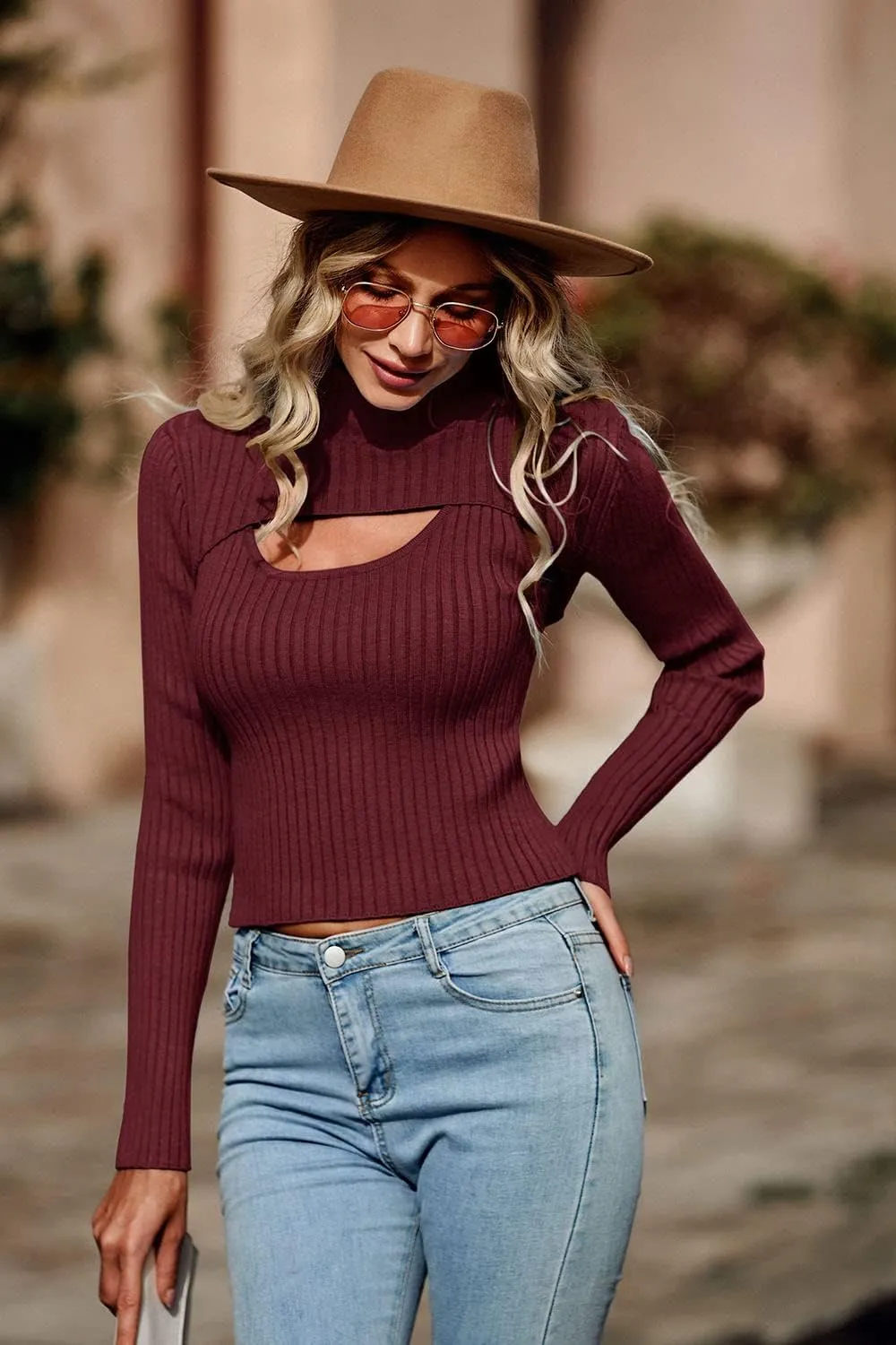 PRETTYGARDEN Women's 2025 Fashion Fall Clothes 2 Piece Cutout Tops Long Sleeve Mock Neck Rib Knit Winter Pullover Sweater