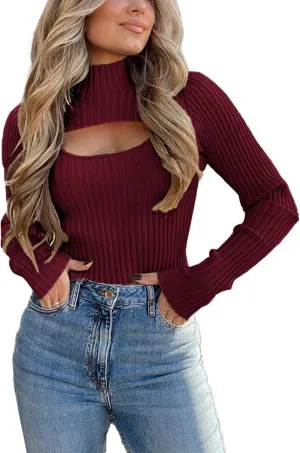 PRETTYGARDEN Women's 2025 Fashion Fall Clothes 2 Piece Cutout Tops Long Sleeve Mock Neck Rib Knit Winter Pullover Sweater
