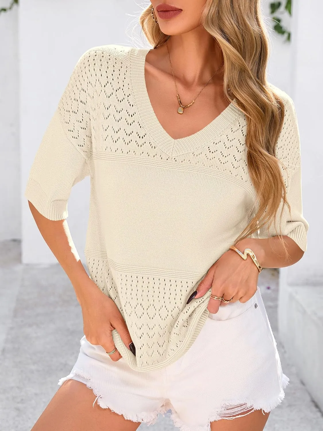 PRETTYGARDEN Women's Short Sleeve Sweater Tops 2025 Spring Summer Casual V Neck Ribbed Knit Trendy Eyelet Blouse T Shirts