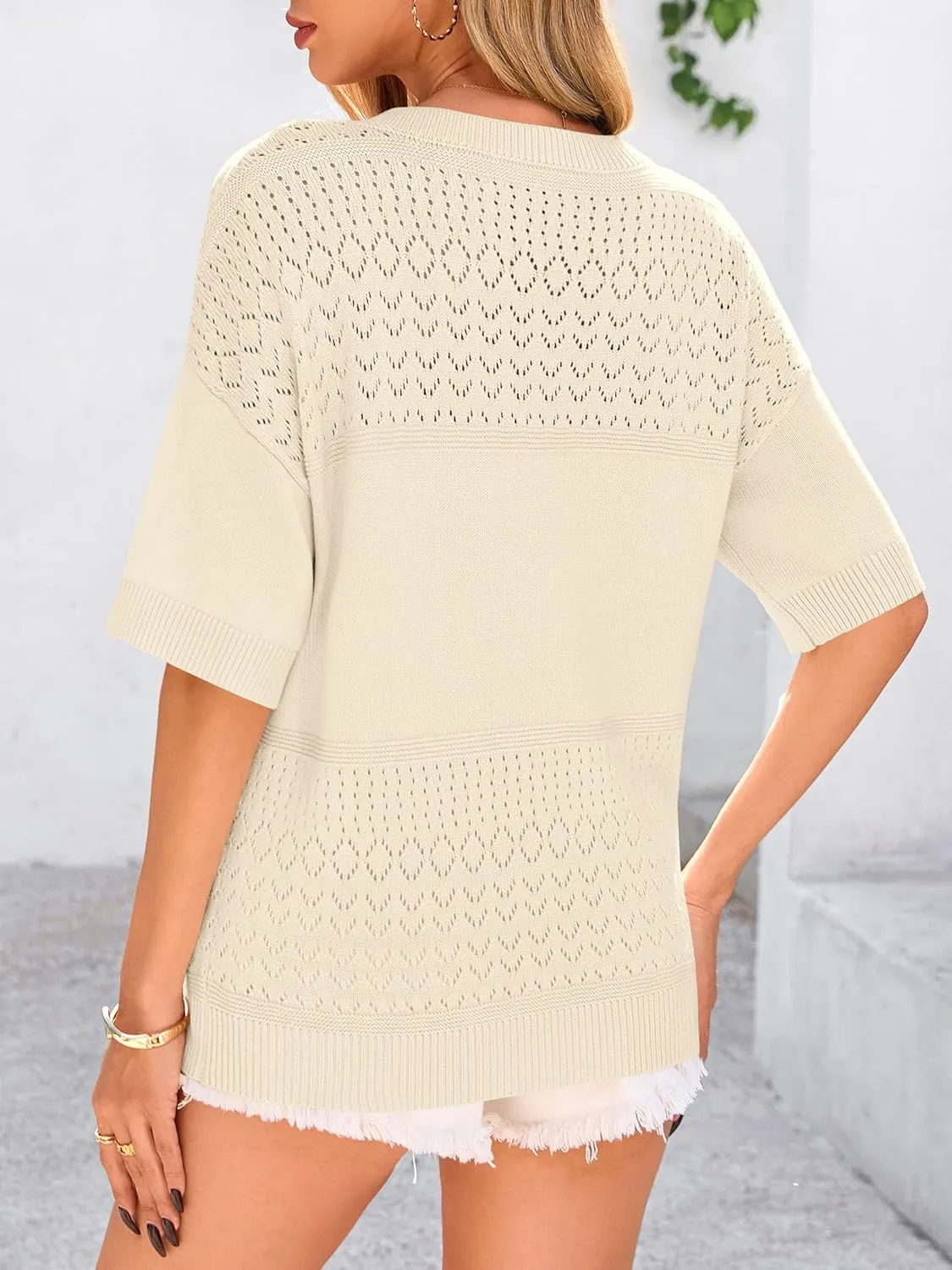 PRETTYGARDEN Women's Short Sleeve Sweater Tops 2025 Spring Summer Casual V Neck Ribbed Knit Trendy Eyelet Blouse T Shirts