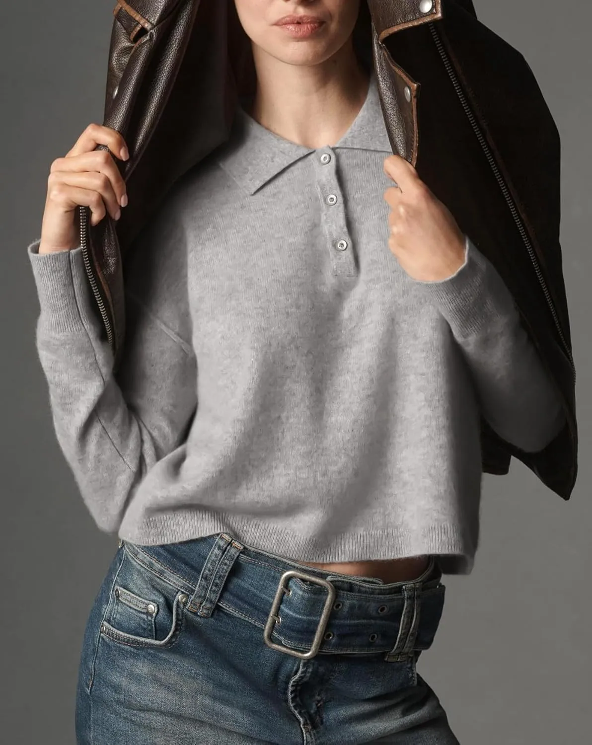 Pullover Sweater for Women Long Sleeve Knit Shirts Tops Button Down V Neck Polo Sweater Shirt