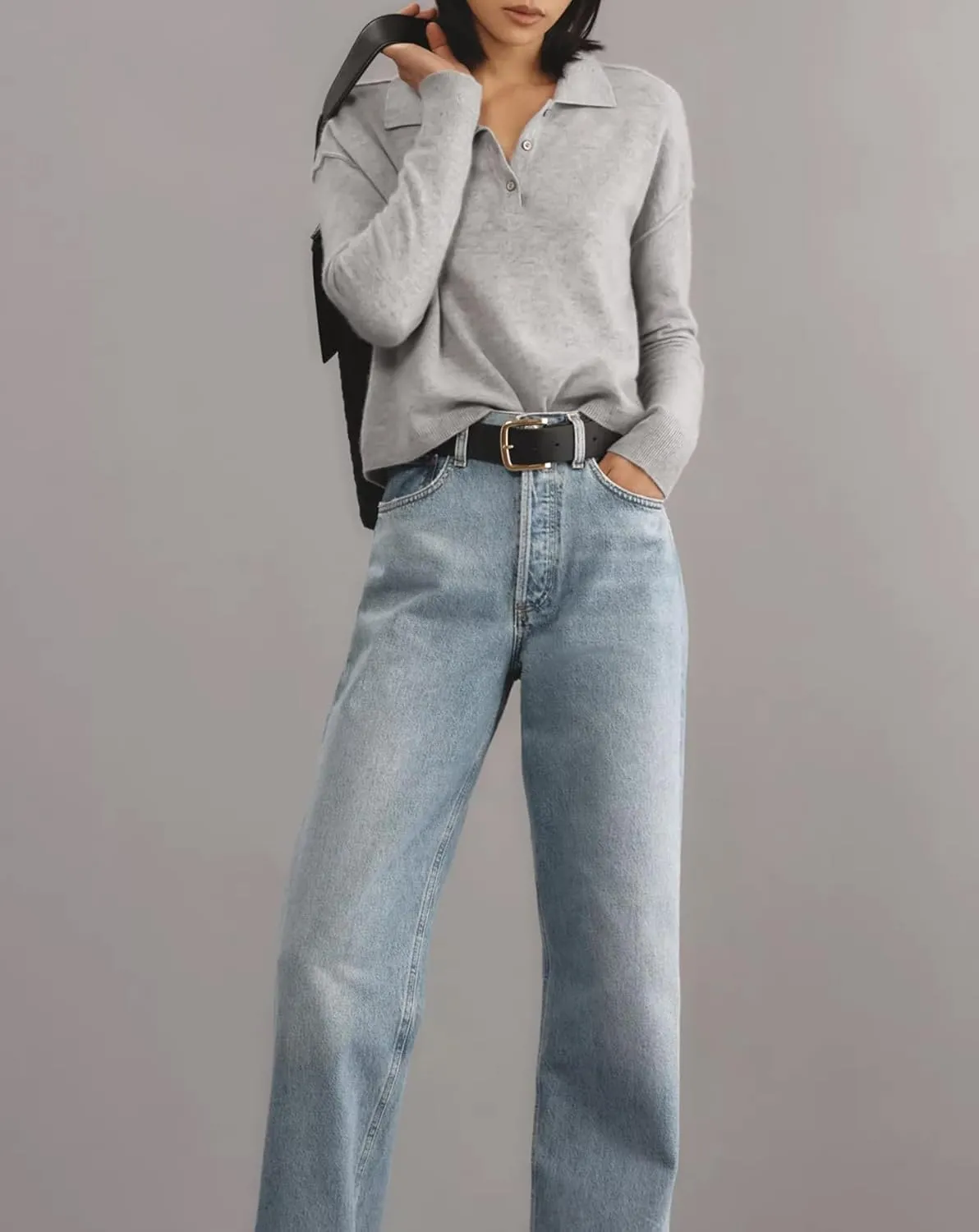 Pullover Sweater for Women Long Sleeve Knit Shirts Tops Button Down V Neck Polo Sweater Shirt
