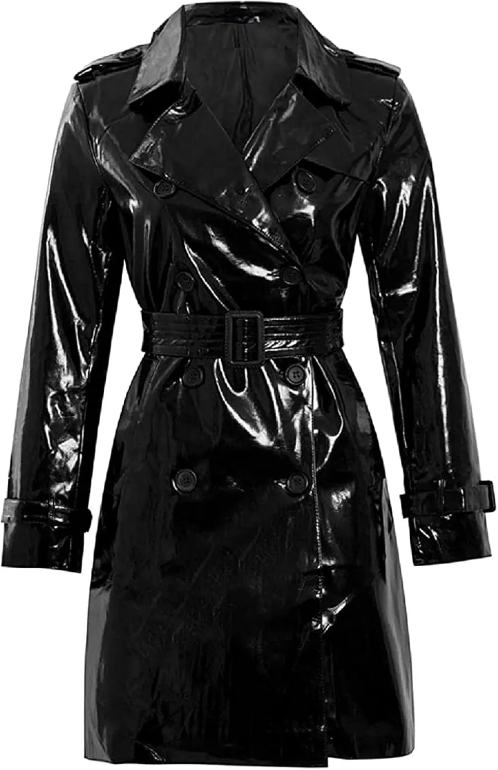 PVC Trench Coat Women | Fashion Outdoor Wet Look Raincoat Black Pu Leather