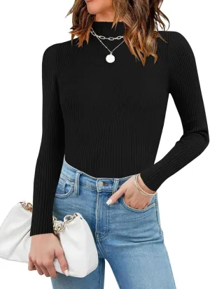 QACOHU Womens Long Sleeve Mock Neck Sweater 2025 Ribbed Knit Slim Fit Casual Pullover Tops Trendy Outfits