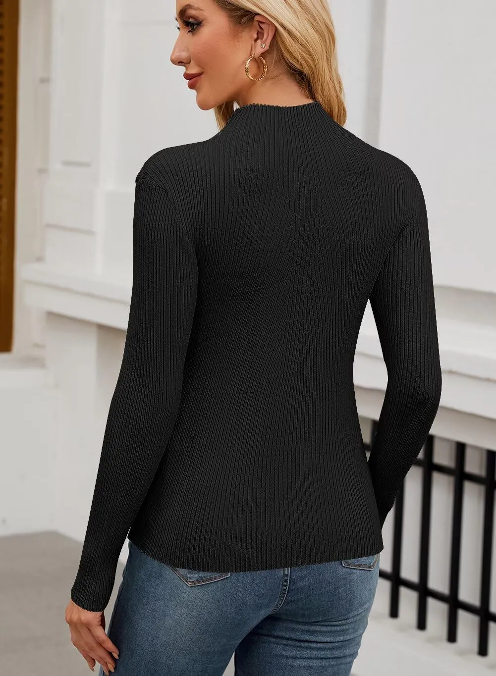 QACOHU Womens Long Sleeve Mock Neck Sweater 2025 Ribbed Knit Slim Fit Casual Pullover Tops Trendy Outfits