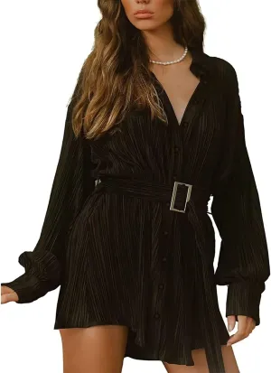 qfmqkpi Women Collar V Neck Shirt Dress Button Down Pleated Long Sleeve Mini Dress with Belt