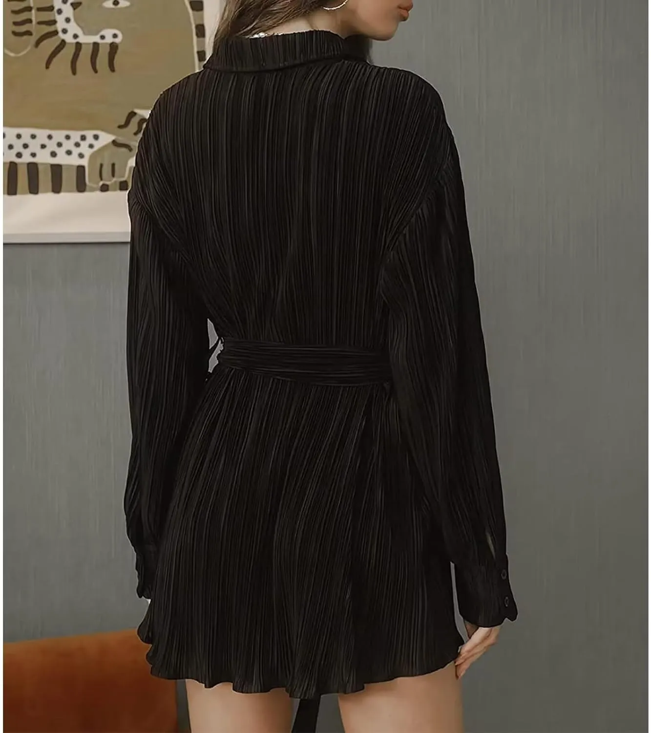 qfmqkpi Women Collar V Neck Shirt Dress Button Down Pleated Long Sleeve Mini Dress with Belt