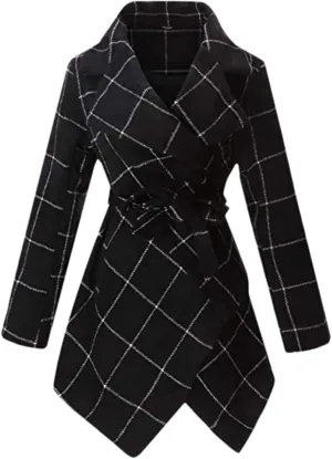 QZUnique Trench Coat Women Turn Down Collar Wrap Coat Wool Blend Grid Belted Outwear Asymmetric Hem Winter Pea Coats