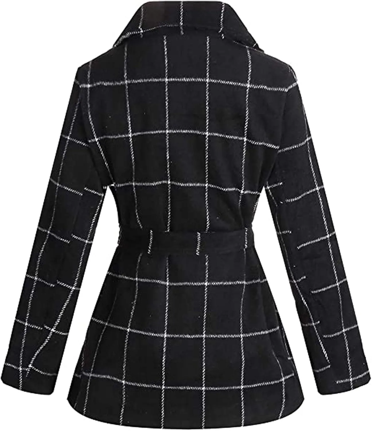 QZUnique Trench Coat Women Turn Down Collar Wrap Coat Wool Blend Grid Belted Outwear Asymmetric Hem Winter Pea Coats