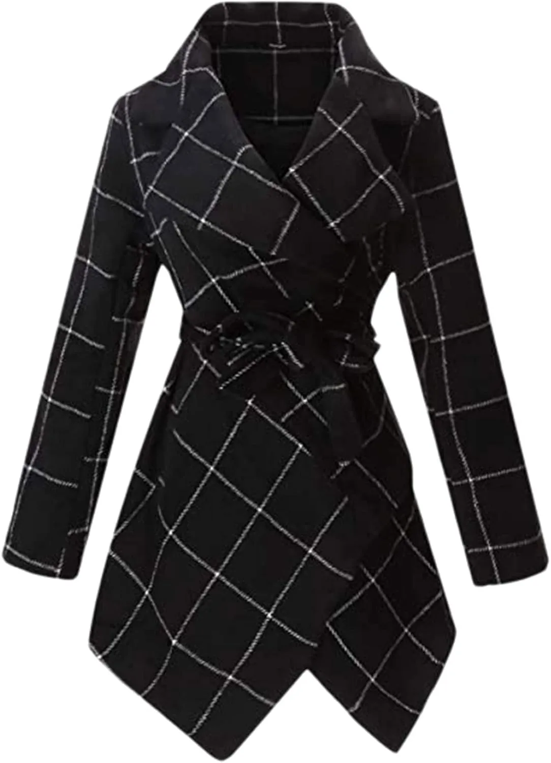 QZUnique Trench Coat Women Turn Down Collar Wrap Coat Wool Blend Grid Belted Outwear Asymmetric Hem Winter Pea Coats