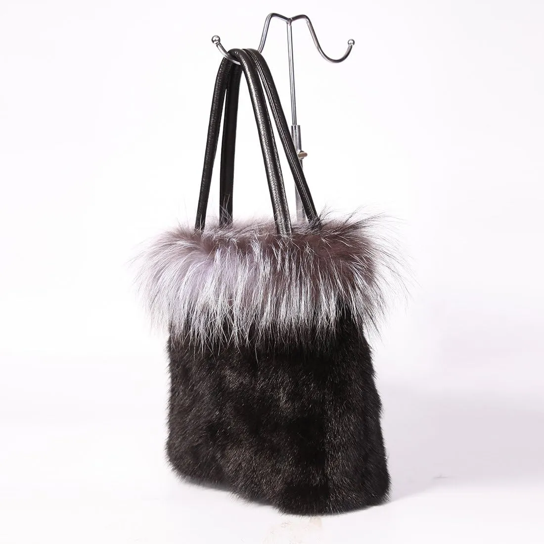 Real Mink Handbag Top Handle Women's Bucket Bags with Fox Trim