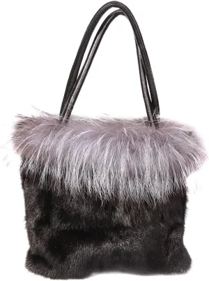 Real Mink Handbag Top Handle Women's Bucket Bags with Fox Trim