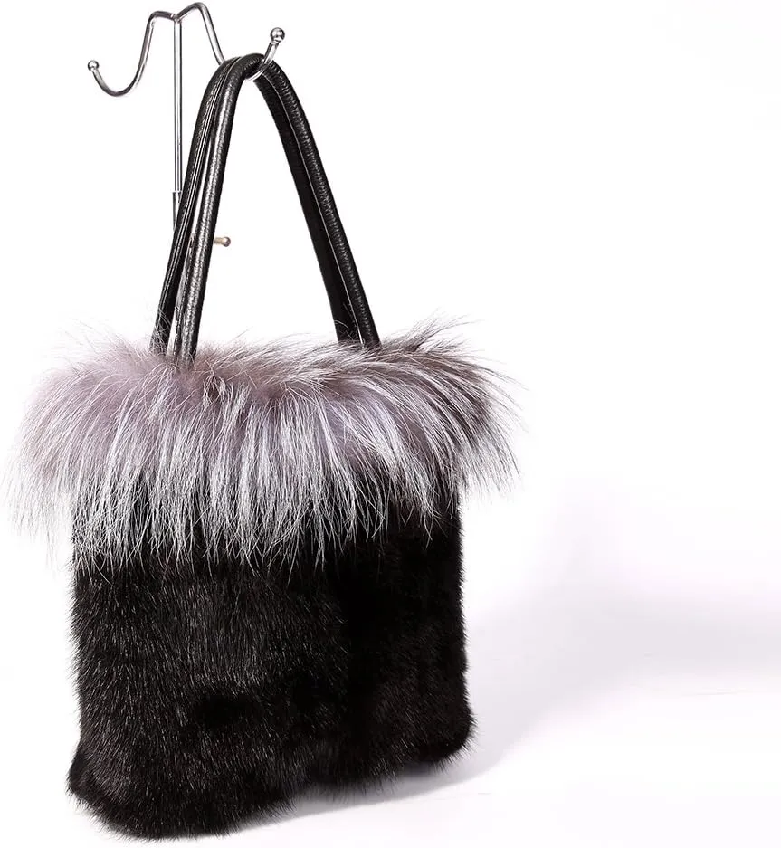 Real Mink Handbag Top Handle Women's Bucket Bags with Fox Trim