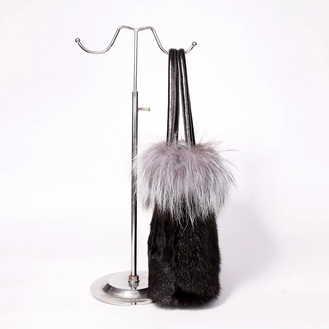 Real Mink Handbag Top Handle Women's Bucket Bags with Fox Trim