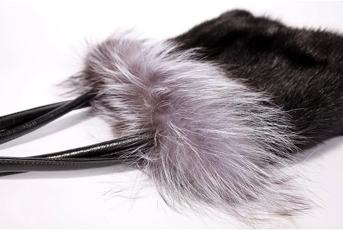 Real Mink Handbag Top Handle Women's Bucket Bags with Fox Trim