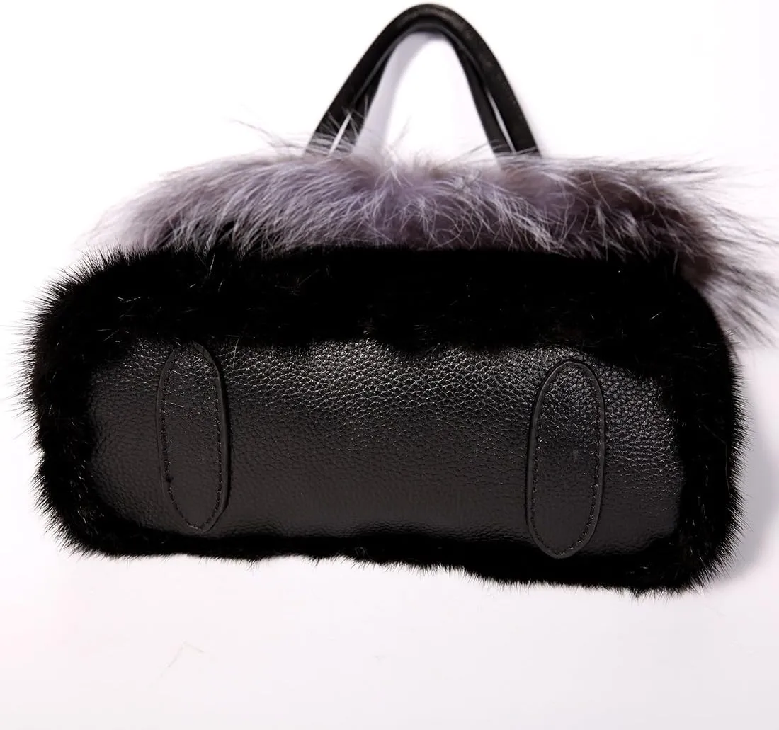Real Mink Handbag Top Handle Women's Bucket Bags with Fox Trim