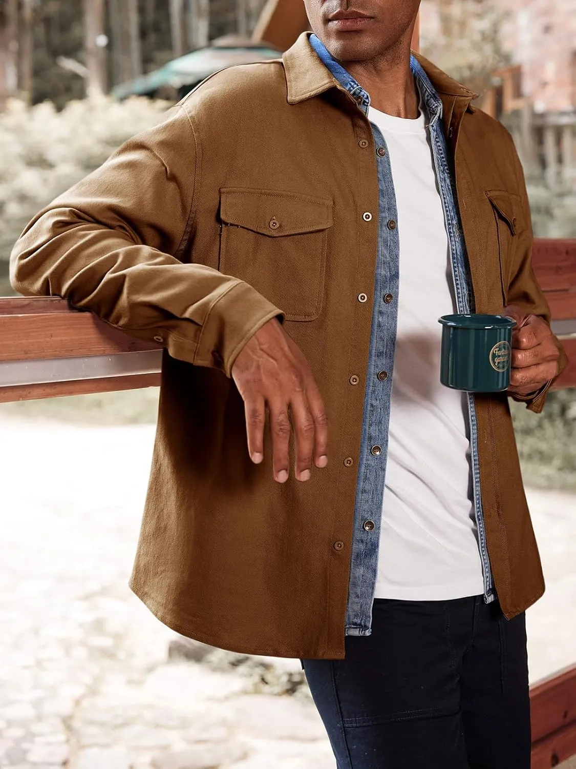 Runcati Mens Casual Shacket Twill Button Down Shirt Jacket Long Sleeve Lightweight Jacket