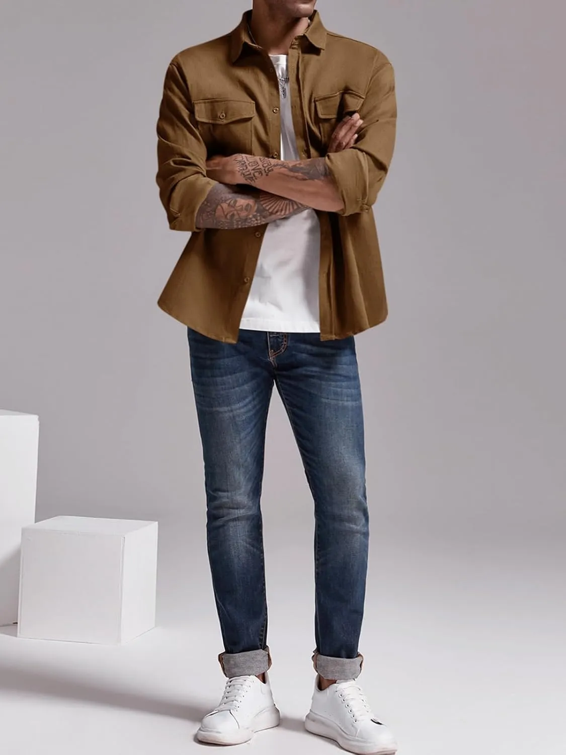Runcati Mens Casual Shacket Twill Button Down Shirt Jacket Long Sleeve Lightweight Jacket