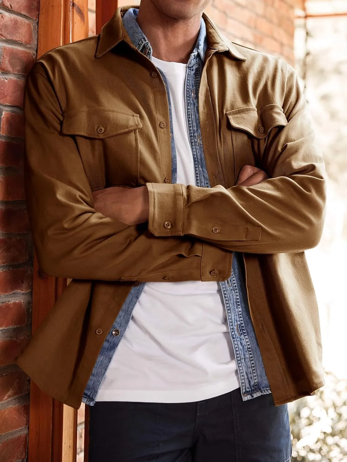 Runcati Mens Casual Shacket Twill Button Down Shirt Jacket Long Sleeve Lightweight Jacket