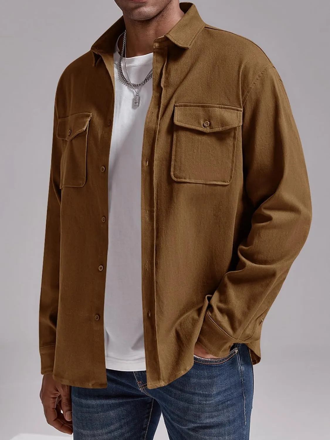 Runcati Mens Casual Shacket Twill Button Down Shirt Jacket Long Sleeve Lightweight Jacket