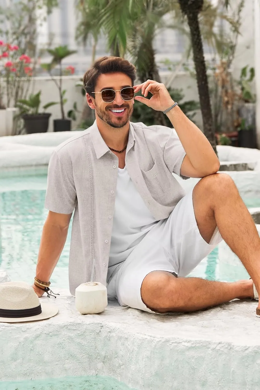 Runcati Mens Cuban Guayabera Shirts Button Down Short Sleeve Shirt Casual Linen Summer Beach Vacation Hippie Tops