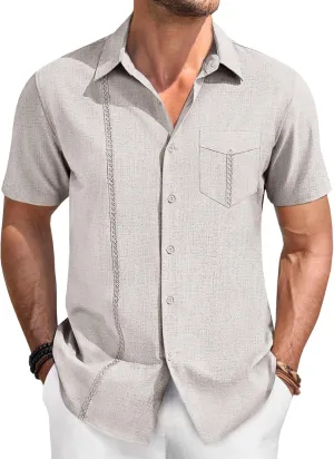 Runcati Mens Cuban Guayabera Shirts Button Down Short Sleeve Shirt Casual Linen Summer Beach Vacation Hippie Tops