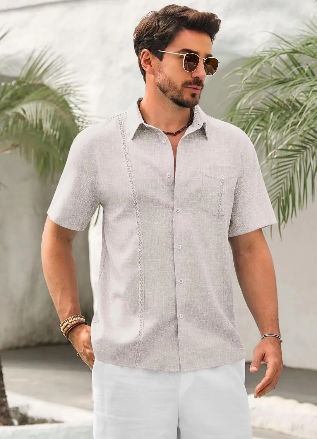 Runcati Mens Cuban Guayabera Shirts Button Down Short Sleeve Shirt Casual Linen Summer Beach Vacation Hippie Tops