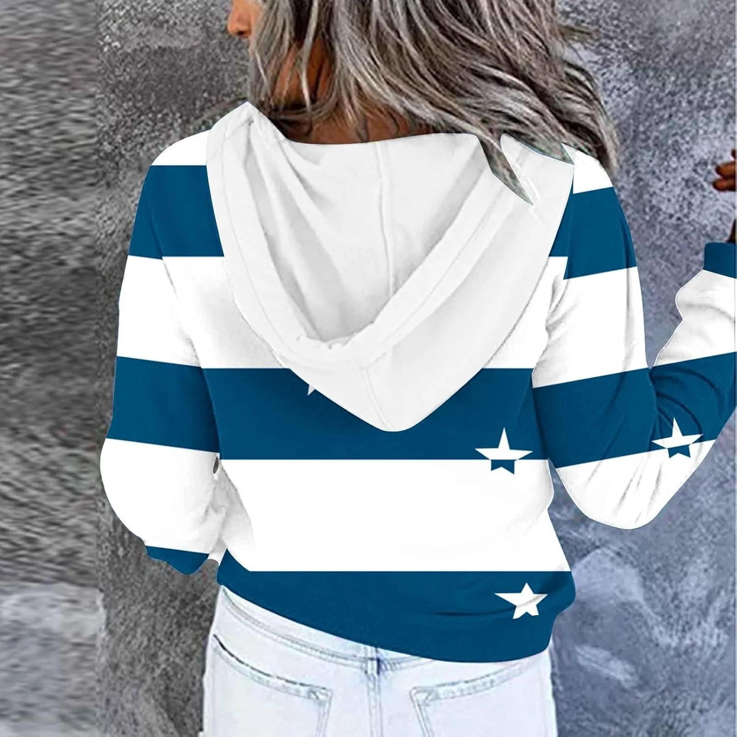 Ruziyoog Hoodie for Women Striped Color Block Button Down Sweatshirt Casual Long Sleeve Drawstring Oversize Pullover