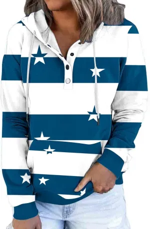 Ruziyoog Hoodie for Women Striped Color Block Button Down Sweatshirt Casual Long Sleeve Drawstring Oversize Pullover