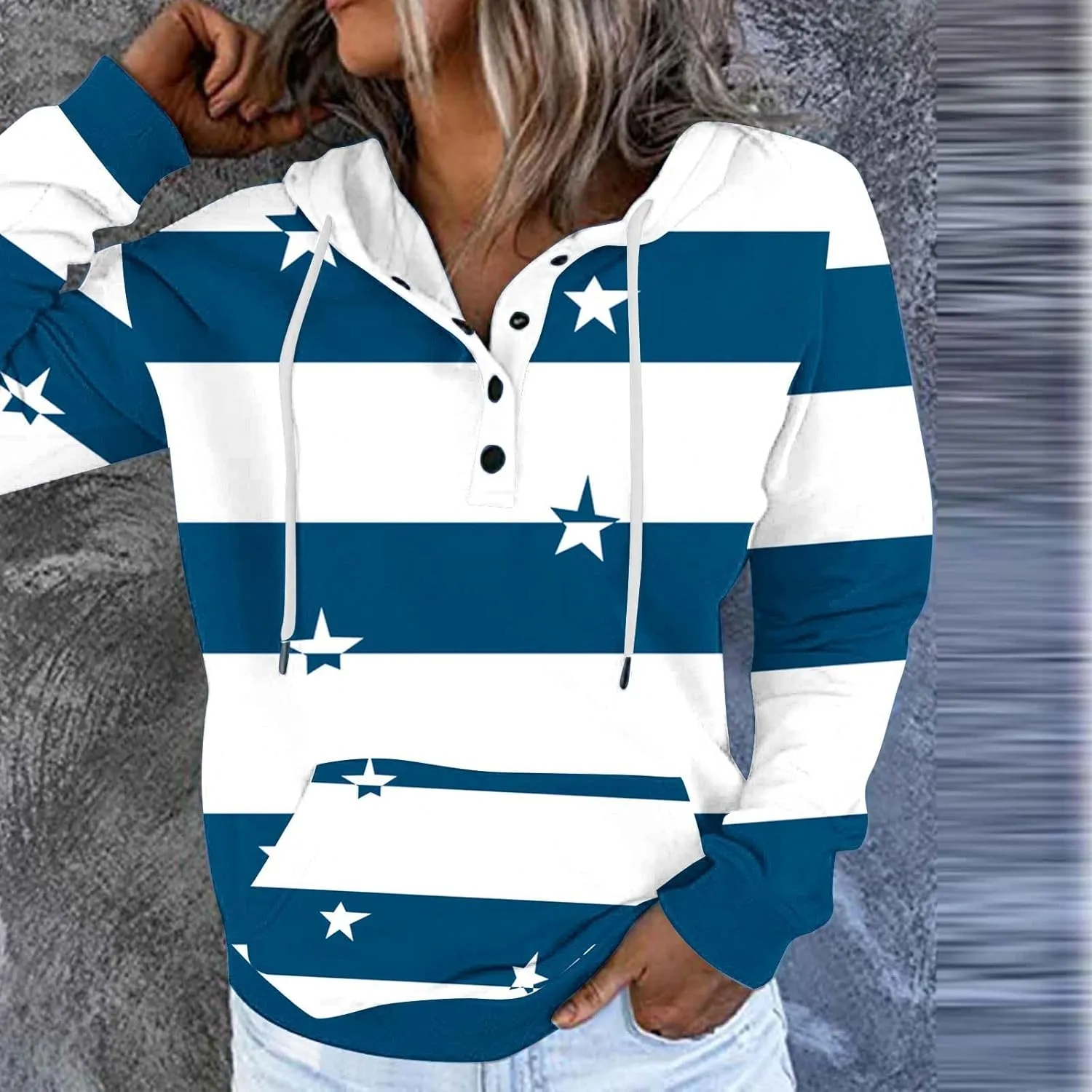 Ruziyoog Hoodie for Women Striped Color Block Button Down Sweatshirt Casual Long Sleeve Drawstring Oversize Pullover