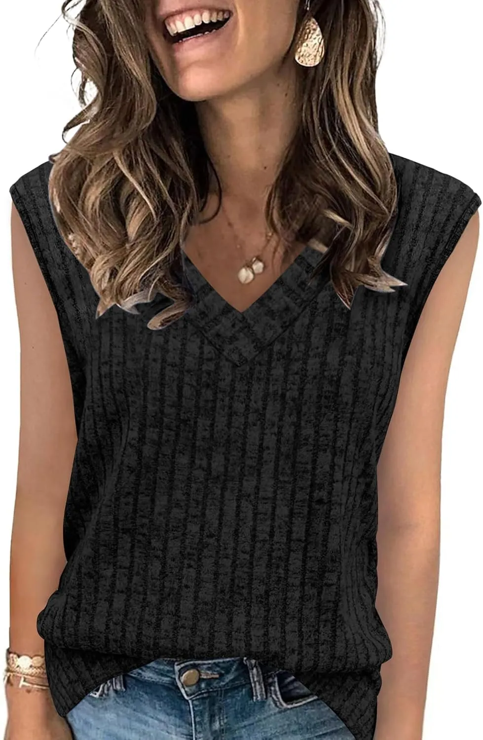 SAMPEEL Womens V Neck Sleeveless Sweater Tank Top Spring Casual Sweater Vest Summer Outifts 2025