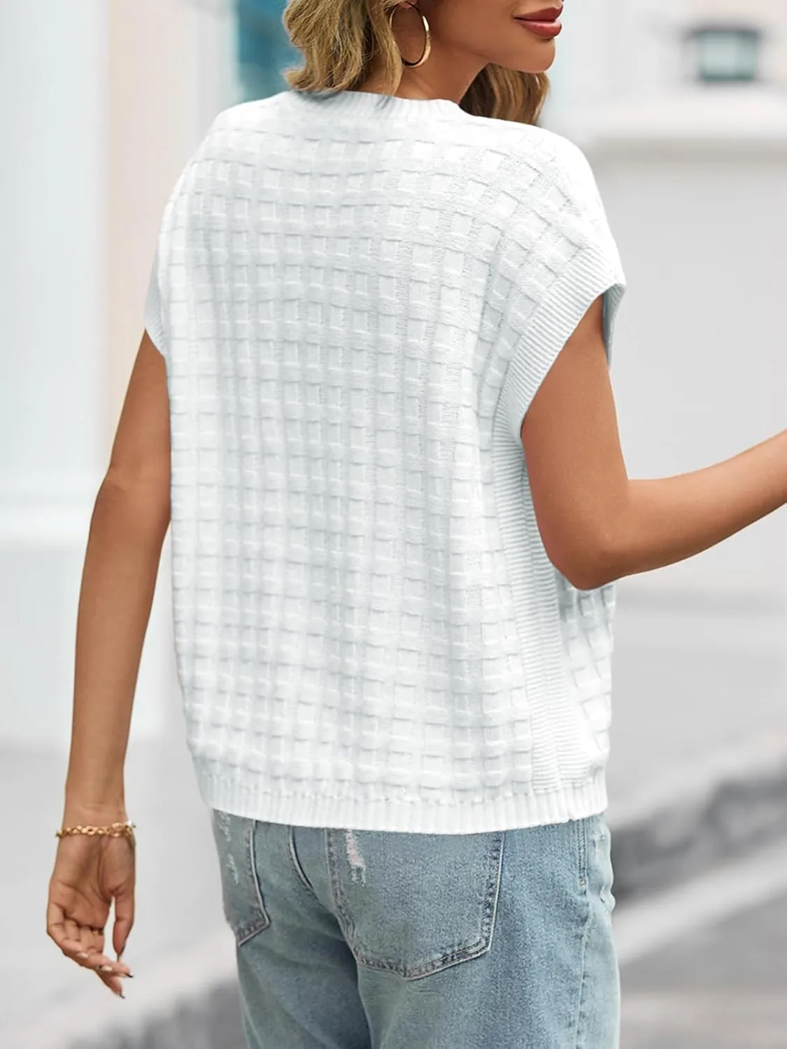 Saodimallsu Womens Cap Sleeve Sweater Tops Casual Crew Neck Sleeveless Loose Knit Summer Lightweight Pullover Top