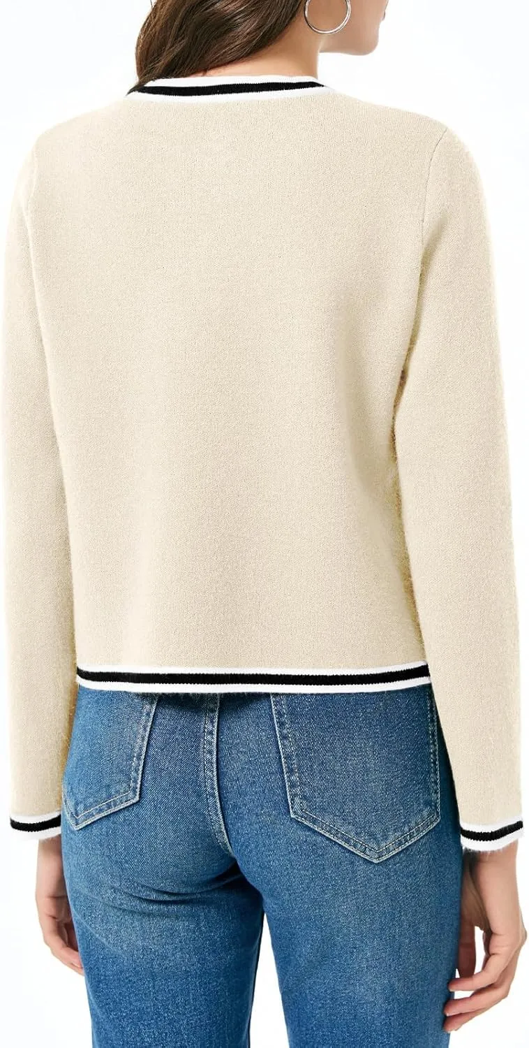 Saodimallsu Womens Cropped Cardigans Crew Neck Color Block Button Down Long Sleeve Fall Knit Sweater Jackets