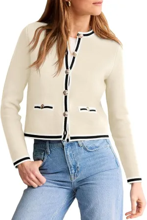 Saodimallsu Womens Cropped Cardigans Crew Neck Color Block Button Down Long Sleeve Fall Knit Sweater Jackets