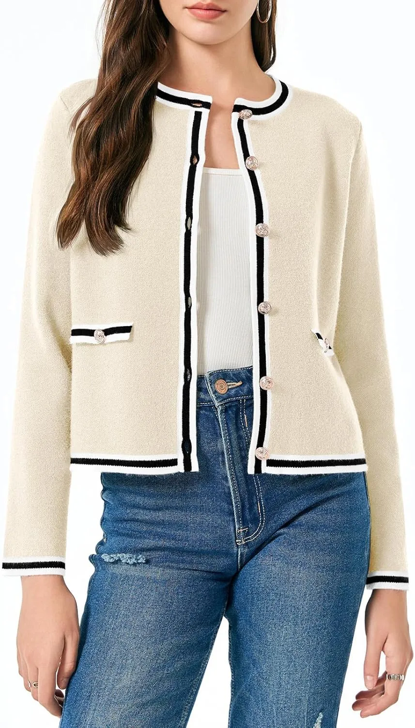 Saodimallsu Womens Cropped Cardigans Crew Neck Color Block Button Down Long Sleeve Fall Knit Sweater Jackets
