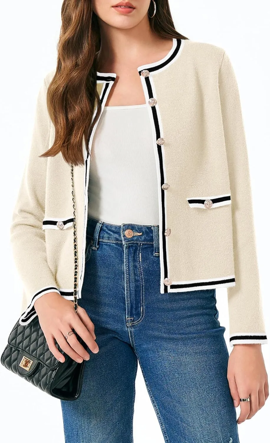 Saodimallsu Womens Cropped Cardigans Crew Neck Color Block Button Down Long Sleeve Fall Knit Sweater Jackets