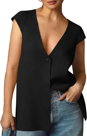 Saodimallsu Womens Deep V Neck Sweater Vest Sleeveless Knit Button Up Loose Fit Cap Sleeve Trendy Summer Tops