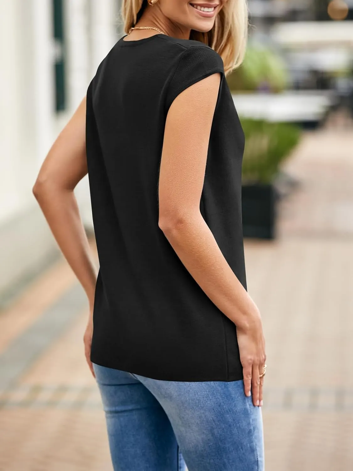 Saodimallsu Womens Deep V Neck Sweater Vest Sleeveless Knit Button Up Loose Fit Cap Sleeve Trendy Summer Tops