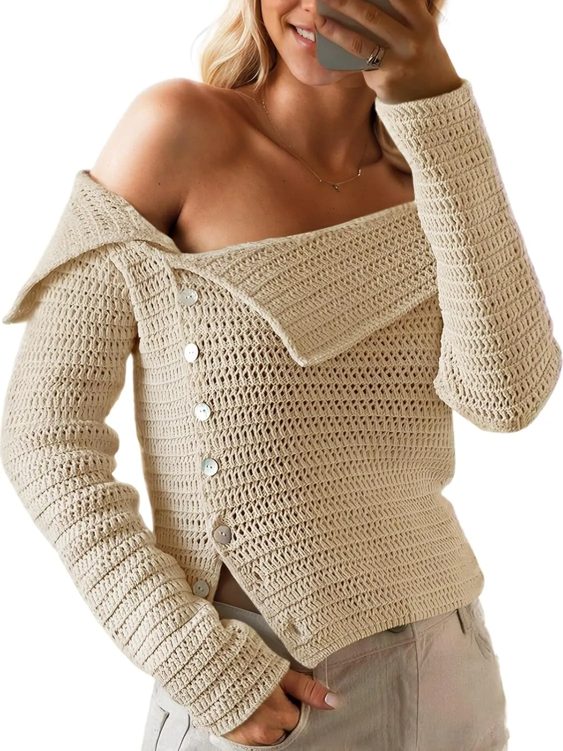 Saodimallsu Womens Off The Shoulder Sweater Long Sleeve Y2k Button Trendy Knitted Asymmetric Crop Tops