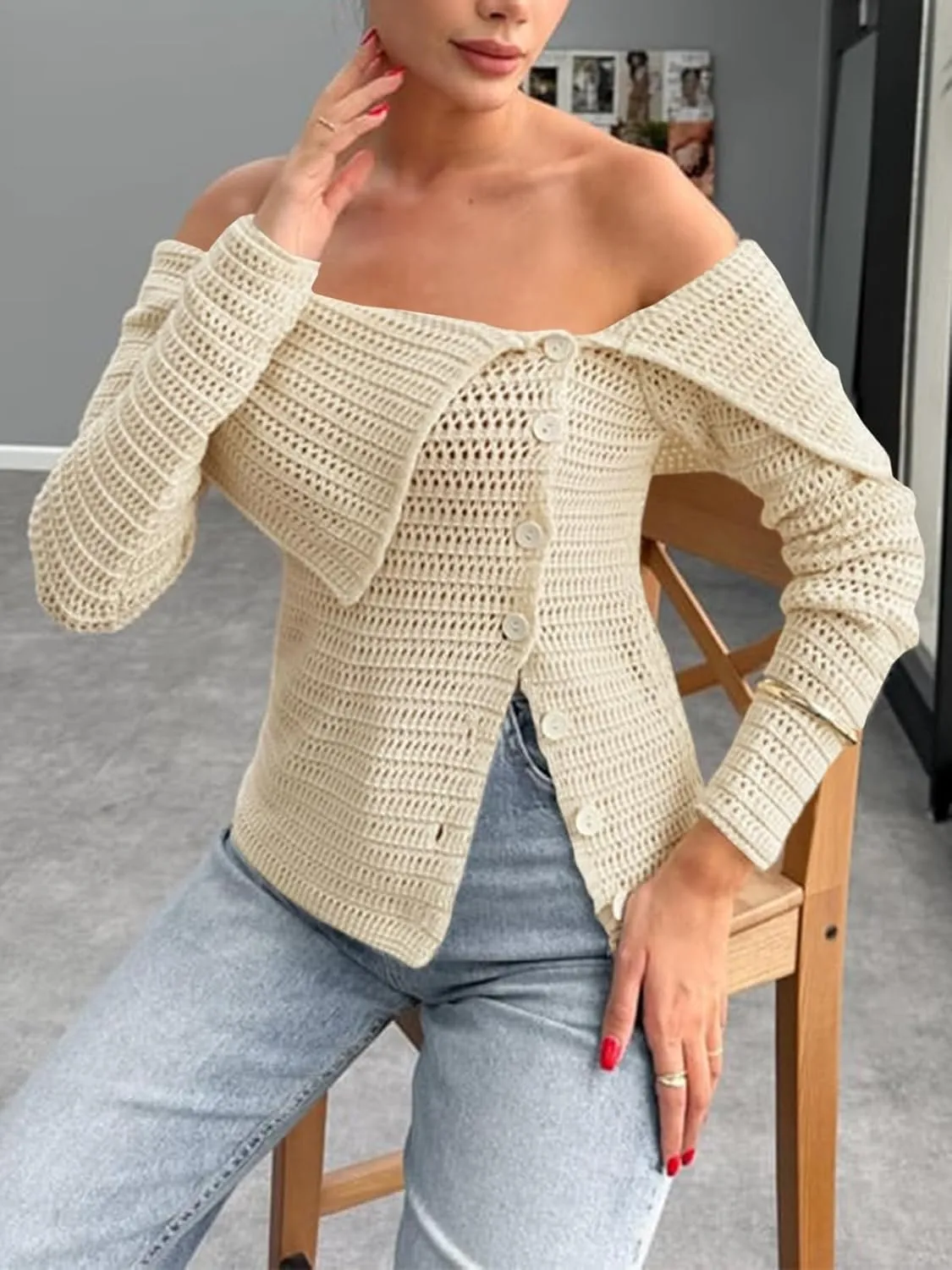Saodimallsu Womens Off The Shoulder Sweater Long Sleeve Y2k Button Trendy Knitted Asymmetric Crop Tops