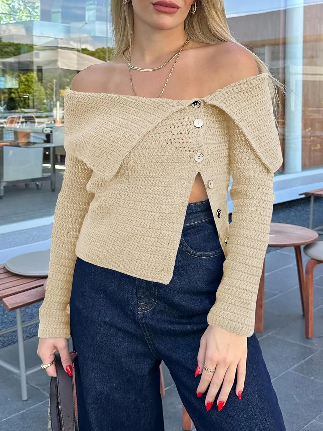 Saodimallsu Womens Off The Shoulder Sweater Long Sleeve Y2k Button Trendy Knitted Asymmetric Crop Tops